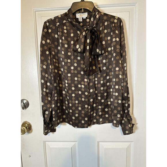 Vintage Givenchy Shirt Womens Size 4 Brown Silk Polka Dot Tie Neck Blouse 80s - Picture 6 of 10